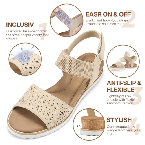 ZURIN Womens Comfortable Walking Sandals Open Toe Elastic Ankle Strap Short Flat Wedge Sandals for Women Dressy Summer2