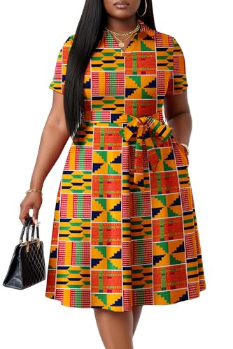 FANDEE Plus Size Summer Dresses - V Neck Casual African Kente Print Party A-Line Shirt Midi Dress for Curvy Women Orange 2XL