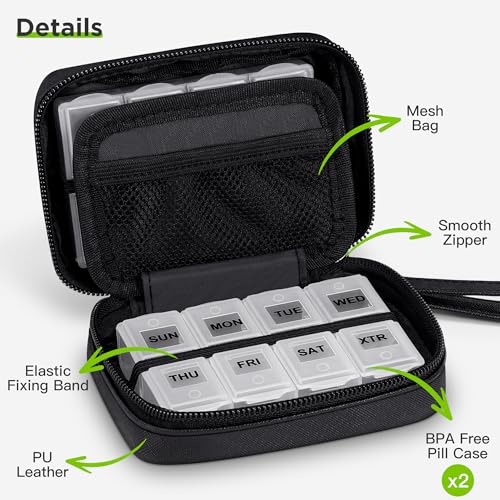 Image of Zannaki Cute Pill Organizer for Purse with Two Removable 7-Day Pill Box, Travel PU Leather Pill Case, Portable Weekly Pill Container with Storage Bag to Hold Vitamins, Fish Oils, Supplements (Black)