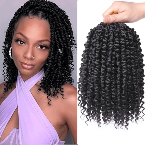 Xtrend 8 Pouces 8 Packs 12 Mèches/Pack Passion Twist Pré-Torsadés Courts Pré-Bouclés Cheveux Synthétiques Extensions de Tresses pour Femmes Noires (1B#)