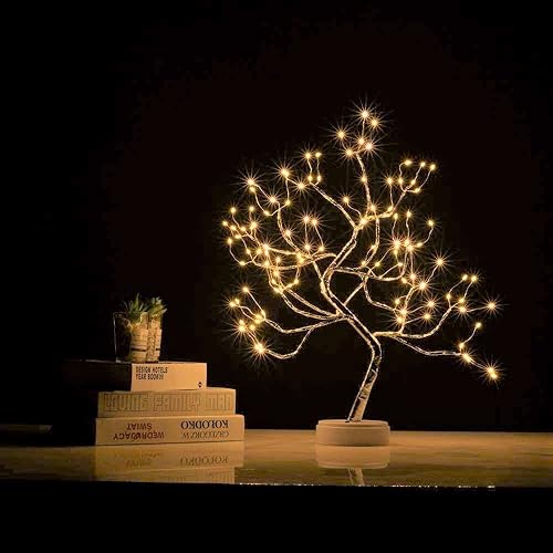 Miniatura 4 de Lámpara de árbol de bonsái de 20 pulgadas, color plateado mate, lámpara artificial de árbol de hadas, ocho modos de iluminación, funciona con USB o