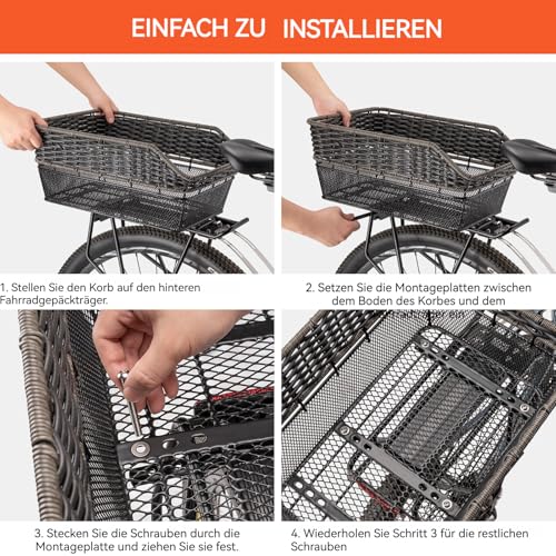 PINNAMAX Fahrradkorb Hinten groß,25L Weave fahrradkörbe mitTragkraft bis 20 kg, Sockel aus Metall Schultaschen Korb für Rennard,Wetterfest Rostet Nicht, E-Bike, Elektrofahrrad auf Gepäckträger inkl