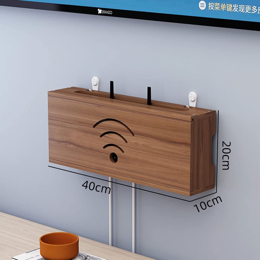 XINBALOVE WiFi Router Aufbewahrungsbox Router Verstecken Wandregal Massivholz Netzteil Licht Cat Plug Row Hub Board Finishing Aufbewahrungsbox- Walnut||40cm