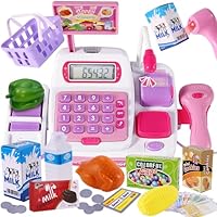 Buyger 34 Pcs Childrens Girls Toy Till Register Toy with Scanner Supermarket Pretend Role Play Shopping Toy for Kids, Pink