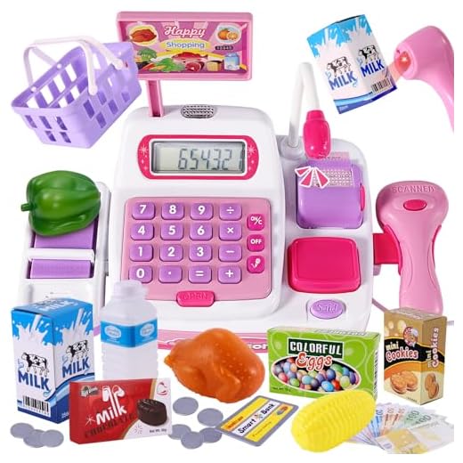 BUYGER Caja Registradora Juguetes con Calculadora Electrónica Micrófono, Luz y Sonido Escáner, Maquina Registradora Juguete Regalo para Niña Niño 3 4 5 Años