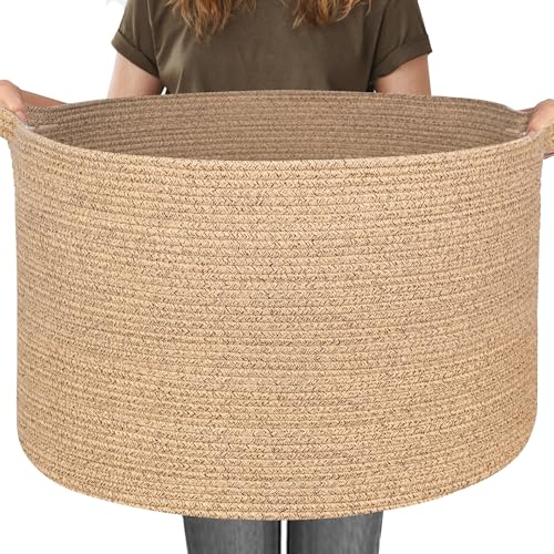 Image of MEGASKET 115L Wicker Storage Basket, 23.6 inchx15.7 inch Woven Cotton Rope Basket, Giant Kids Dog Toy Bin Organizer, XXXL Blanket Pillow Holder for Living Room, Brown Variegated Wicker Baskets for Organizing