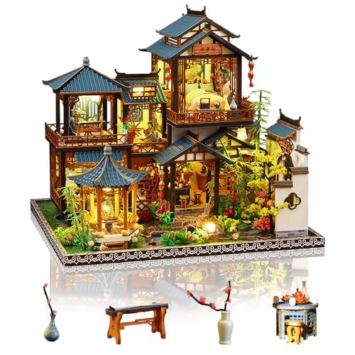 Cuteefun Maquette Maison Miniature DIY Kit, Artisanat Fait Main en Bois avec Lumière LED, pour Adultes Adolescent, Fabriquez Votre Propre Maison de Rêve (Cour à Fleurs)