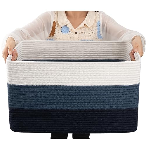 Image of OIAHOMY Large Blanket Basket, 22 inchx17 inchx12 inch Rectangle Woven Baskets, Nursery Blanket Storage Living Room, Toy Storage With Handle, Large Baskets for Organizing-Gradient Blue