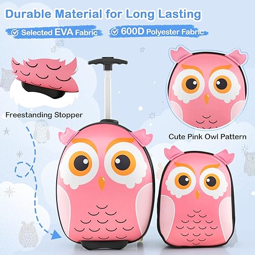 BABY JOY 2 Pcs Kids Luggage Set, 16" Rolling Suitcase w/ 12" Backpack, Airline Approved for Girls & Boys Children Toddlers, Kids Carry On Luggage with Wheels (Owl)4