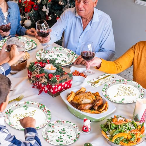 QZYL 96 Pcs Christmas Plates and Napkins Sets, Disposable 9" and 7" Merry Christmas Plates Sets Serves 24, Paper Green Gold Xmas Dinnerware Set Party Supplies for Xmas Winter Dinner Dessert Party – Image 7