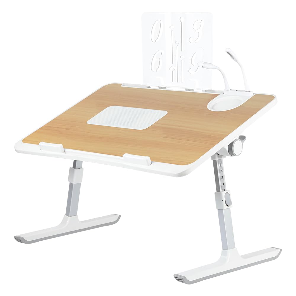 Mesa de cama para ordenador portátil, ajustable en altura, bandeja de cama, plegable, reclinable con refrigerador, puertos USB, para sofá, oficina, suelo, 60 x 40 x 26 – 39 cm, nogal