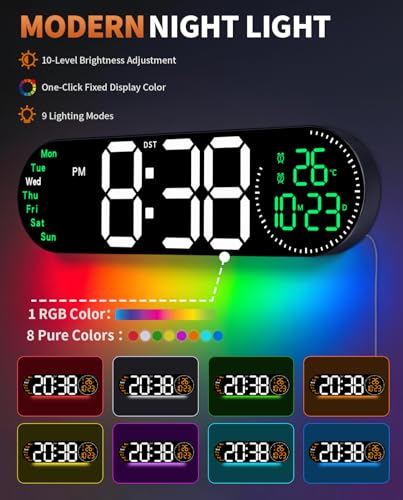 Image of 17.2 Inch Large Digital Wall Clock with 9 Color Changing Remote Control, Date Week Temperature, Auto Brightness Dimmer Big Clock Night Lights,Green