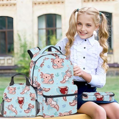 Axolotl School Backpack Set, Cute 3 in 1 Backpacks with Lunch Box for Girls, Blue Elementary School Bag and Pencil Pouch Bundle for Kids3