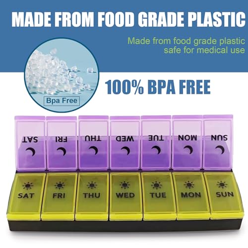 Image of Large Pill Organizer 2 Times a Day, Weekly Pill Case, AM PM Pill Box, Day Night Pill Container 7 Day, Vitamin Case Medicine Dispenser Twice a Day (Yellow & Purple)
