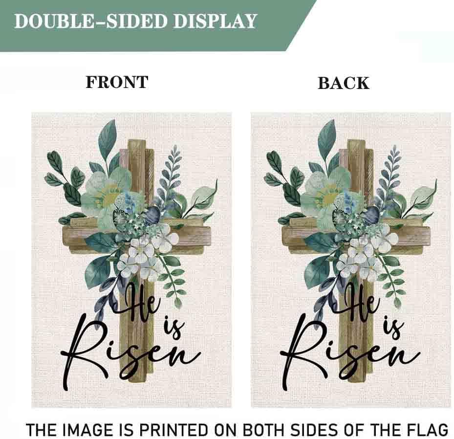 He Is Risen Garden Flag 12.5 x 18 Inch Happy Easter Cross Religious Decorative Double Sided Burlap Flag for Spring Easter Farmhouse Yard Holiday Decoration - Image 4