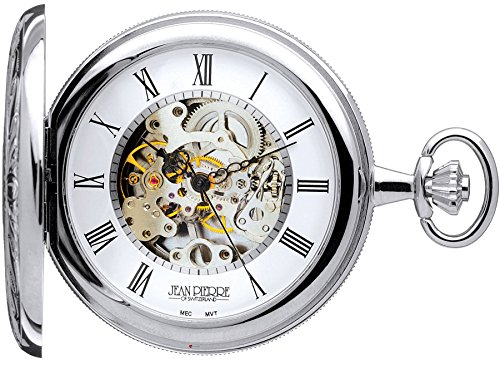 I LUV LTD Ornate Hunter Skeleton Pocket Watch 17 Jewelled Mechanical Chromed Case