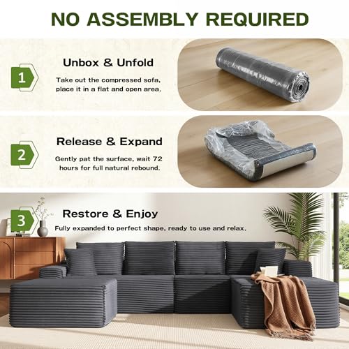 Image of 96 inch Sectional Couches for Living Room Cloud Couch Sofa with L-Shape Upholstered Boneless Couchs Modern Modular Sectional Couch with Chaise (Dark Grey, 136.1 inch U Shape with Right Facing Chaise)