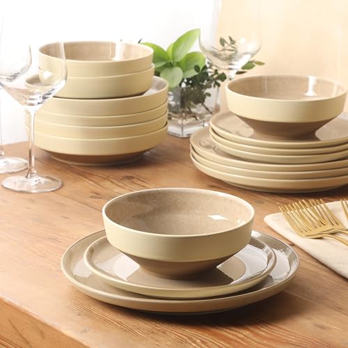 Image of Gibson Elite Octavia Place 16 Piece Stoneware Dinnerware Set, Service for 4, Coupe Modern Plates & Bowls, Reactive Glaze Finish, Taupe, Microwave & Dishwasher Safe