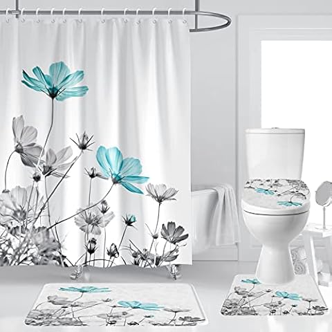 Kikiry Teal Gray Shower Curtain Set 4Pcs Daisy Floral Aqua Flower White Background Wildflower Botanical Bathroom Decor Toilet Lid Cover U Shaped Mat Non-Slip Rug Fabric Polyester 60x72 Inch Cover