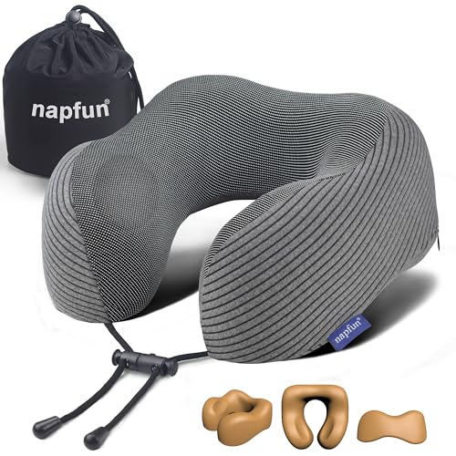 Image of napfun Neck Pillow for Traveling, Upgraded Travel Neck Pillow for Airplane 100% Pure Memory Foam Travel Pillow for Flight Headrest Sleep, Portable Plane Accessories, Dark Gray