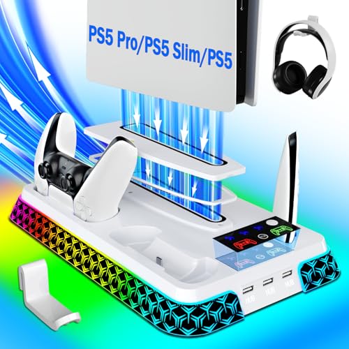 PS5/Slim/Pro Stand and Cooling Station with LED Controller Charging Station for PlayStation 5 Console,Accessories Incl.Controller Charger,PS5 Cooling Fan,Headset Holder,3 USB Hubs (star triangle-white)