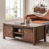 OKD 48' Farmhouse Lift Top Coffee Table with Sliding Barn Door,Rustic Center Table with Hidden Storage Compartment,Lifting Tabletop and Adjustable Shelf for Living Room,Office,Reclaimed Barnwood