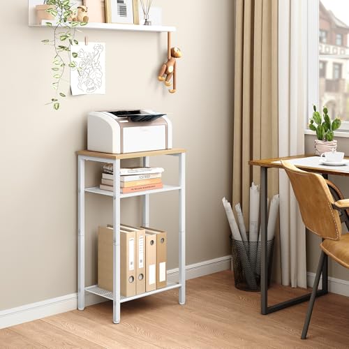 Image of Hoctieon 2-Set 3 Tier End Table, Telephone Table Set of 2, Tall Side Table with Storage Set of 2, Small Nightstand for Small Spaces, Metal Frame, White and Yellow Oak