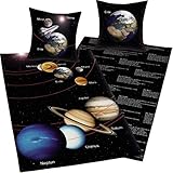 Bavaria Home Style Collection- Weltraum Wende- Bettwäsche Sonne Mond Erde Jupiter - Mehrfarbig braun schwarz ca 140 x 200 + 70 x 90 cm für Österreich