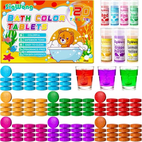 Bath Colour Tablets - 120 Count Food Grade Ingredients Kids Bath Bombs 7 Colours Water Tablets for Kids Childrens Bubble Bathe Bombs Create Fun Shower Colors