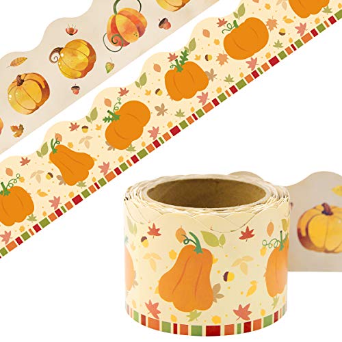 Fall Bulletin Board Border Thanksgiving Pumpkin Straight Trim Two Sided Printed for Thanksgiving Harvest Classroom Party Decoration 36ft One Roll