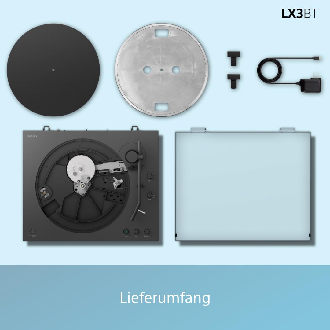 Sony PS-LX3BT kabelloser Bluetooth-Plattenspieler mit vollautomatischer Wiedergabe, Hi-Res Audio, Riemenantrieb, integriertem Phono-Vorverstärker, 2 Geschwindigkeiten und Staubschutzhaube – Schwarz