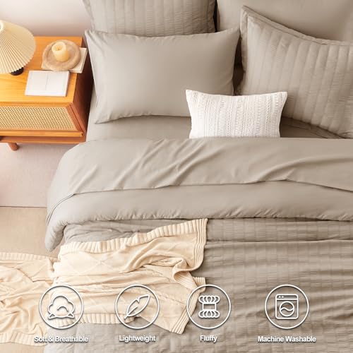 CozyLux King Size Comforter Set Khaki Seersucker 7 Pieces Bed in a Bag King Comforter Set with Sheets, Luxury Soft Bedding Set with Down Alternative Comforter, Sheets, Pillowcases & Shams All Seasons