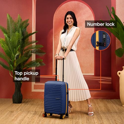 Image of Nasher Miles Cairo Hard-Sided Polypropylene Cabin Luggage 20 inch | 55cm | 8 Wheels Small Trolley Bag for Travel | Suitcase (Navy Blue & Yellow)