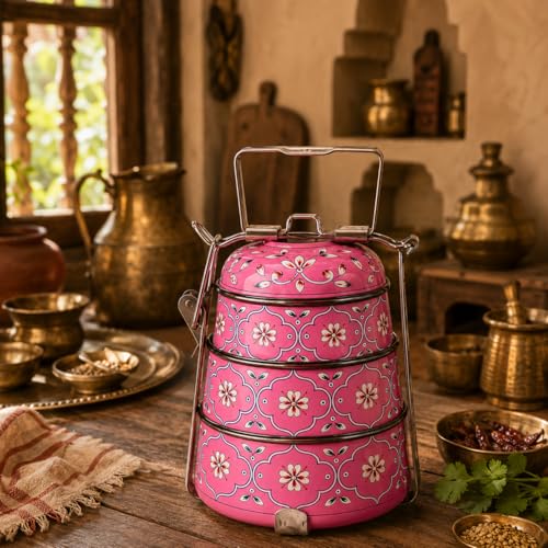 Image of iHandikart Handpainted Decorative Lunch Box Tiffin | Multiple Tier Stainless Steel Food Box | Designer Indian Print Tiffin for School | Diwali Gift, Navratri Gift (Color - Multicolor)