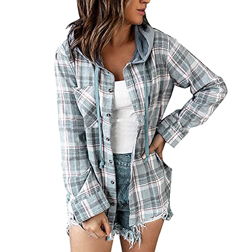 ikasus Sweat à capuche pour femme,Surchemise Femme Veste Carreaux Chemise Décontracté,Avec boutons,Automne Hiver Thermo Warm Blouse Costume Élégant Mode Bouffant Manches Longues À Capuche Loisir S-XXL