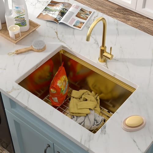 Image of 24 inchx18 inch Undermount Laundry Utility Sink Workstation - Brushed Gold NANO-PVD, 16 Gauge 304 Stainless Steel, 12 Inch Deep Single Bowl Basin for Laundry Room, RV or Utility Use