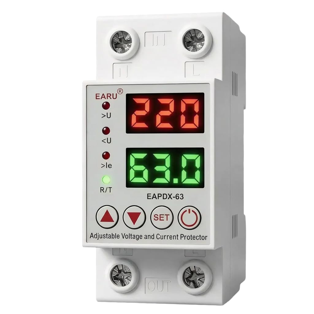 EARU Electric ® Voltage Protector 63A 230V | Adjustable Over & Under Voltage Protection | Pure Copper Terminals | DIN Rail Mount | Home/Office | 1 Year Warranty | OEM