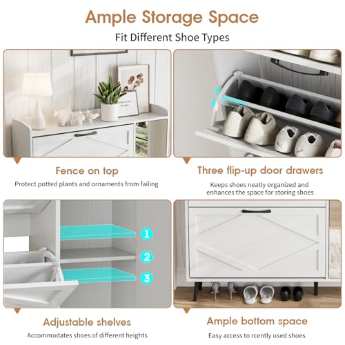 Image of Maupvit Shoe Cabinet with 3 Flip Drawers & Mirror, Hidden Shoe Storage Cabinet with 5 Wooden Legs, Slim Shoe Rack Cabinet with Shelves and Door for Entryway, Hallway, Living Room, White
