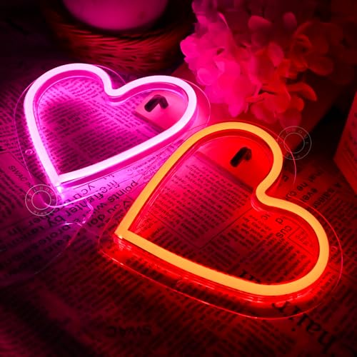 Image of SYLHOME 2 Pack Heart Led Neon Light Sign Battery Operated or USB Powered Bedroom Wedding Wall Sign Decor Valentines Day Christmas Birthday Gifts USB 7.87 inch X 7.28 inch Pink & Red