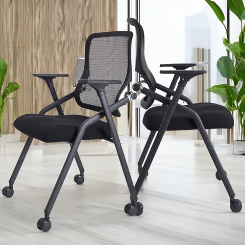Image of Updated Conference Room Chairs, Folding Office Desk Chair with Lumbar Support and Sliding Armrest with Casters, Stackable Office Guest Chairs & Reception Chairs, 20 Pack Black