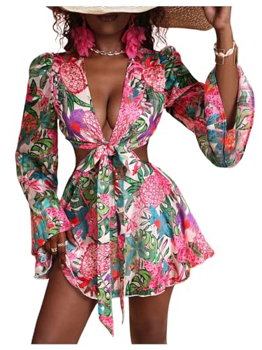 BEAUDRM Women's Sexy Summer Tropical Mini Dress Y2K Deep V