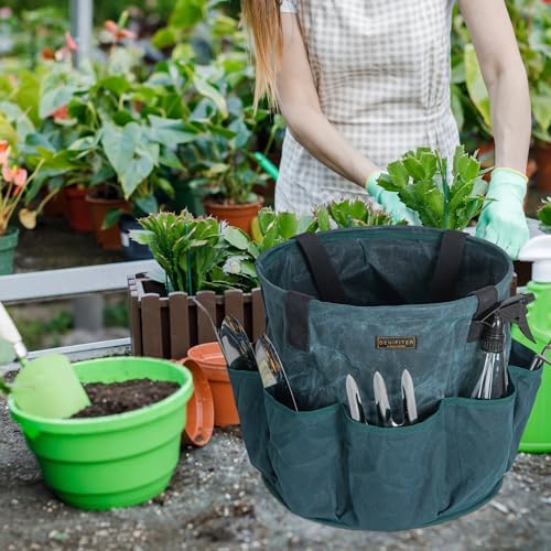 Heavy Duty Waxed Canvas Gardening Tote Bag - 14-Inch Water-Resistant Tool Organizer with 8 Pockets | Multi-Compartment Storage Solution for Pruning Shears, Gloves, and Small Tools (DarkGreen) - Thumbnail 5