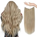 Sunny Wire Hair Extensions Real Human Hair Fish Line Human Hair Extensions Invisible Wire Extensions Golden Blonde with Medium Blonde Highlights #16/22 18 Inch
