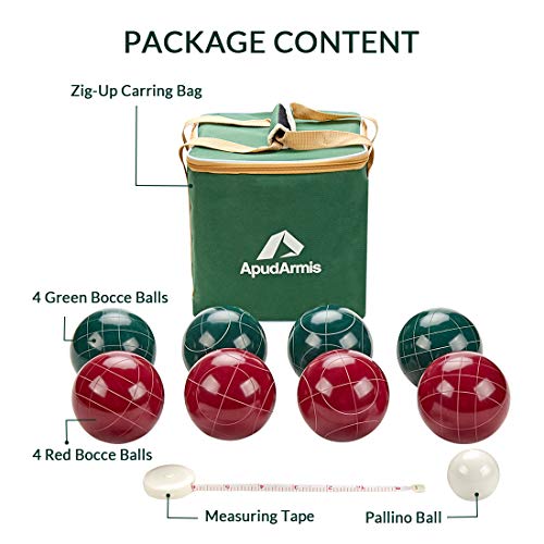 ApudArmis 107mm Bocce Balls Set, Outdoor Tournament Bocce Game for Backyard/Lawn/Beach - Set of 8 Poly-Resin Balls & 1 Pallino & Nylon Carrying Case & Measuring Rope (Red and Green)