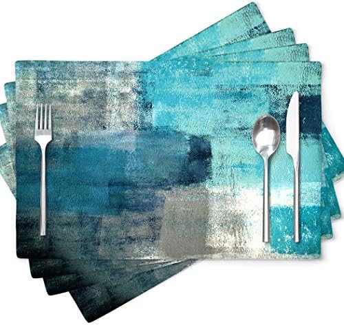 GALMAXS7 Teal Placemats Farmhous Placemats Set of 4 Turquoise Grey Modern Abstract Art Heat Resistant Placemats for Dining Table 18 x 12 Inches Place Mats Washable Cloth Placemats for Home Kitchen