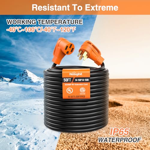 Image of Nilight 50FT 50 Amp RV Extension Cord with Adapter 15Amp to 50Amp 250V Heavy Duty 6 /3+8 /1 Gauge Pure Copper STW Wire UL ETL Listed 4 Prong 14-50P 14-50R Weatherproof Suit for Generators Camper
