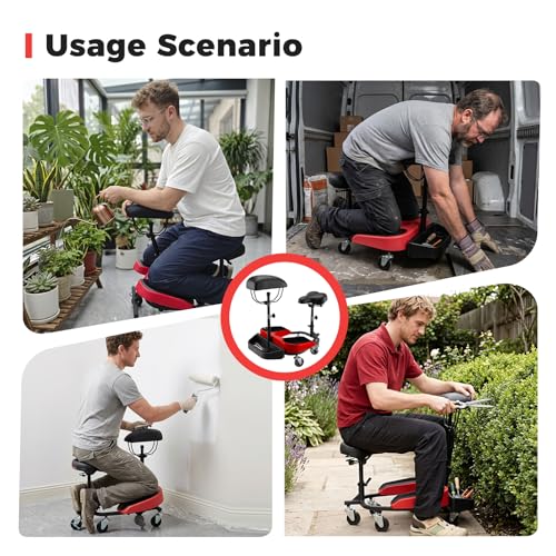 Image of Heavy-Duty Kneeling /Sitting Creeper with Adjustable Seat & Tool Tray - 300lb Capacity Rolling Knee Work Seat for Auto Repair, Flooring, Landscaping & DIY - Padded Knee Support & Smooth Casters