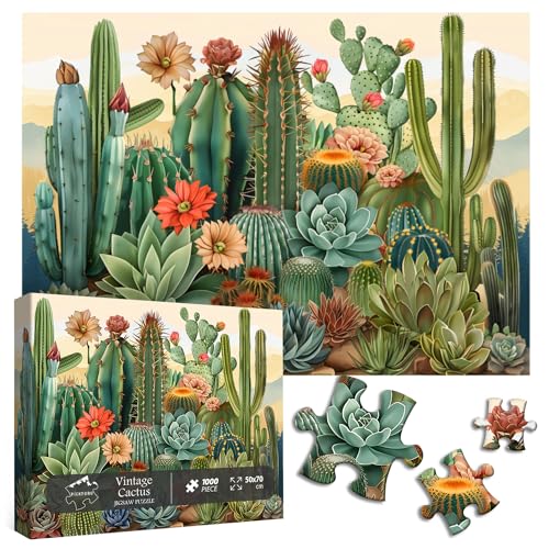 Puzzles vintage de plantes de cactus pour adultes de 1 000 pièces et plus, puzzles rétro PICKFORU pour décoration d'intérieur, puzzle de fleurs comme cadeau pour les amateurs de plantes