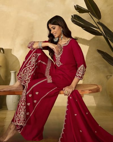 Image of SheWill Poly Chinon Zari Sequence Cording Embroide Kurta with Palazzo and Dupatta - Vibrant Set with Exquisite Detailing and Graceful Drape
