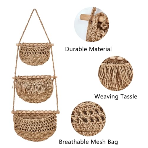 Cesta de almacenamiento para frutas de 3 niveles, organizador marrón para colgar 4